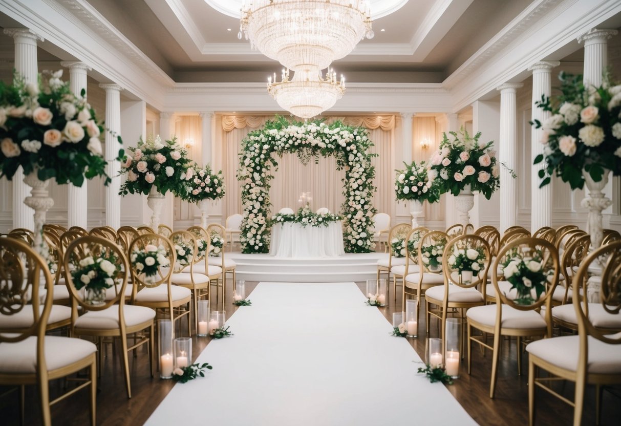 A grand wedding venue with opulent decor and elegant floral arrangements