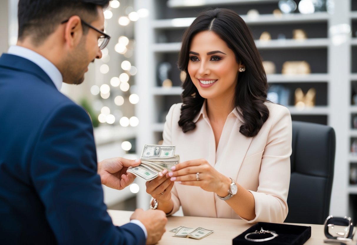 A woman hands over money to a jeweler in exchange for a wedding ring