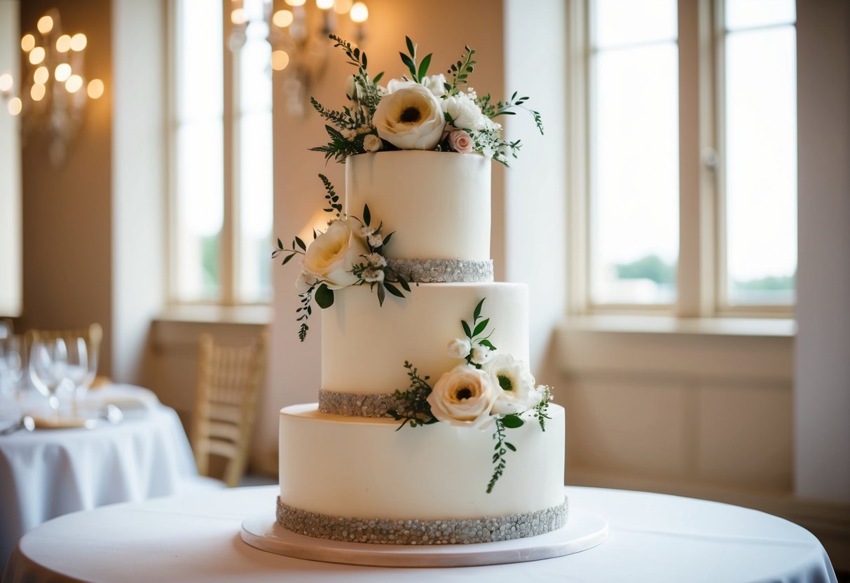 A three-tiered wedding cake with elegant floral decorations, suitable for 40 guests