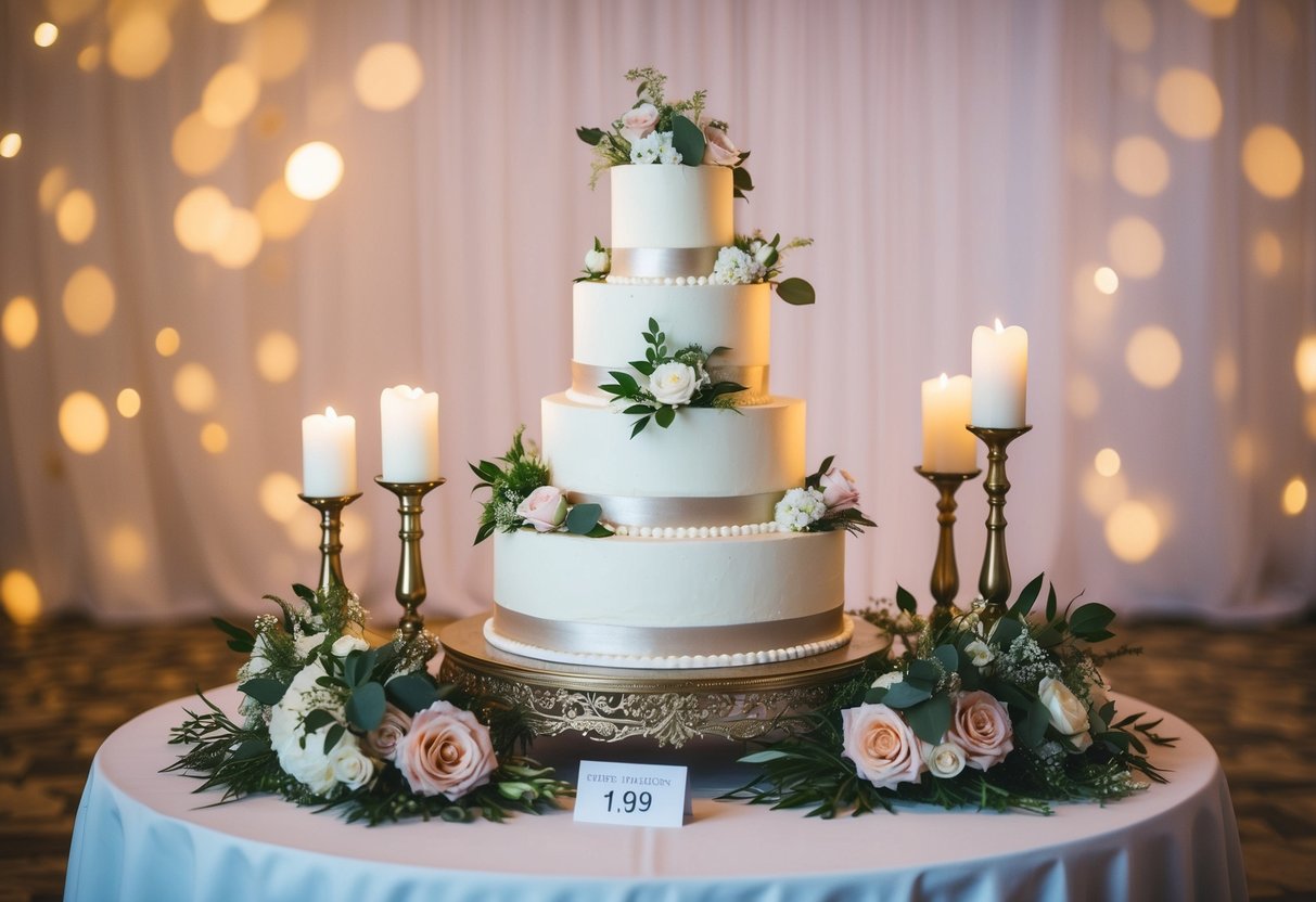 A tiered wedding cake on a decorated table, surrounded by flowers and candles, with a price tag displayed nearby