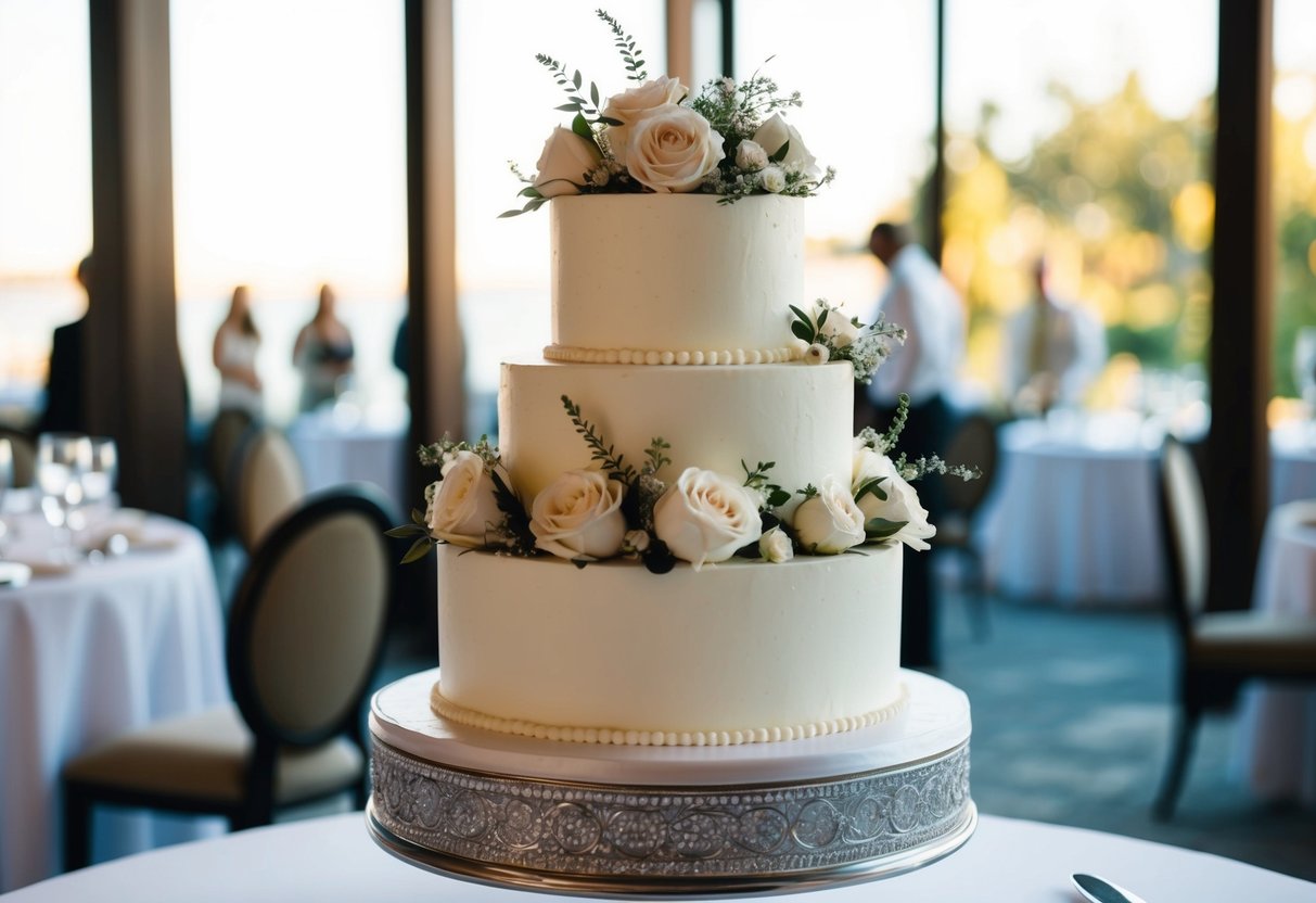 A three-tiered wedding cake with elegant floral decorations, serving 40 guests, placed on a decorative cake stand