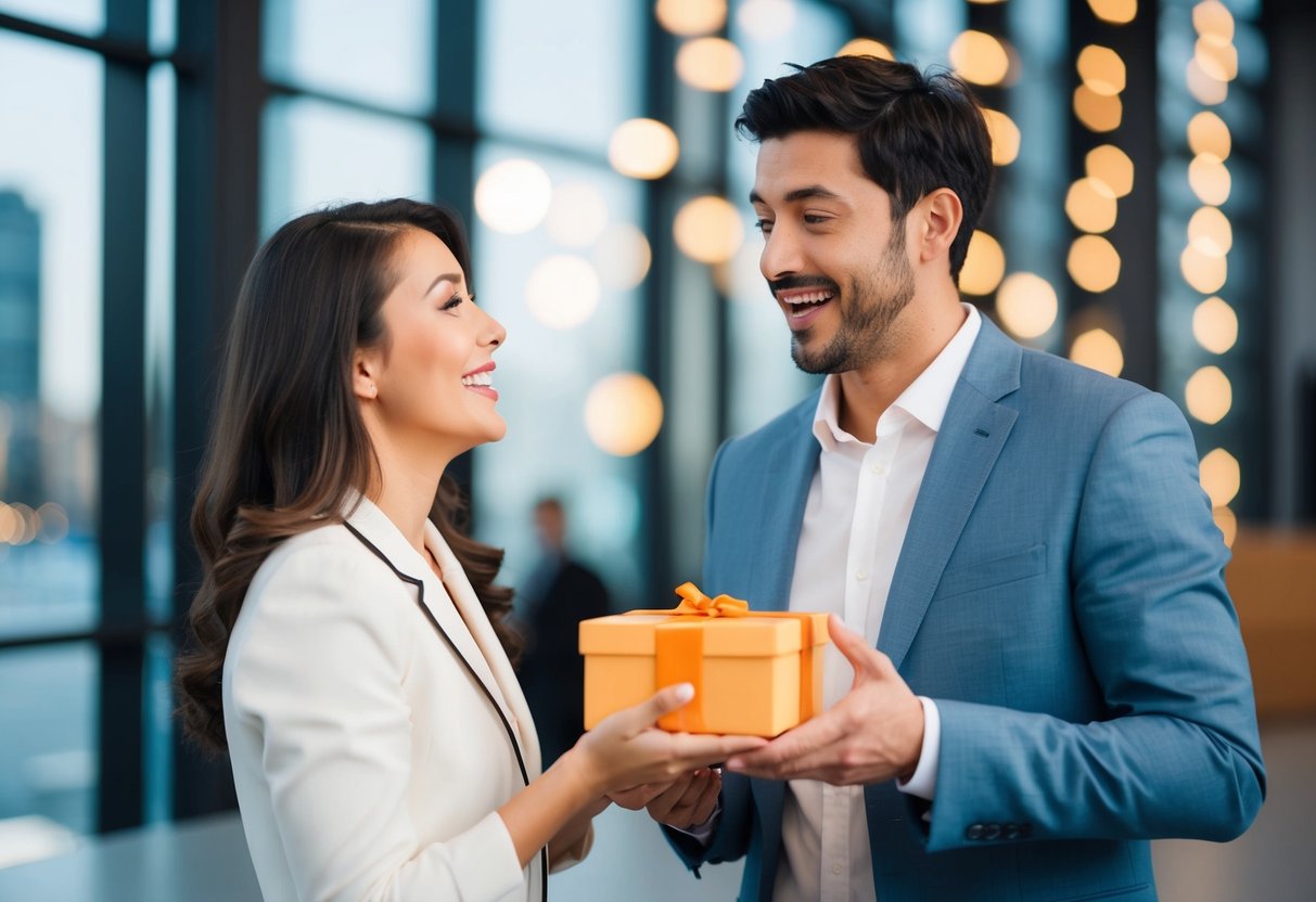 A woman presents a small box to a man, who looks surprised and delighted