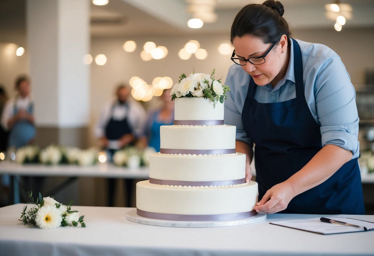 A baker carefully measures and sketches out the dimensions of a multi-tiered wedding cake, considering the right size for 40 guests
