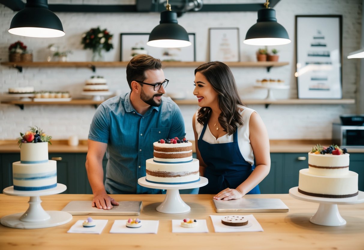 A couple discussing cake sizes with a baker, surrounded by various cake samples and design sketches