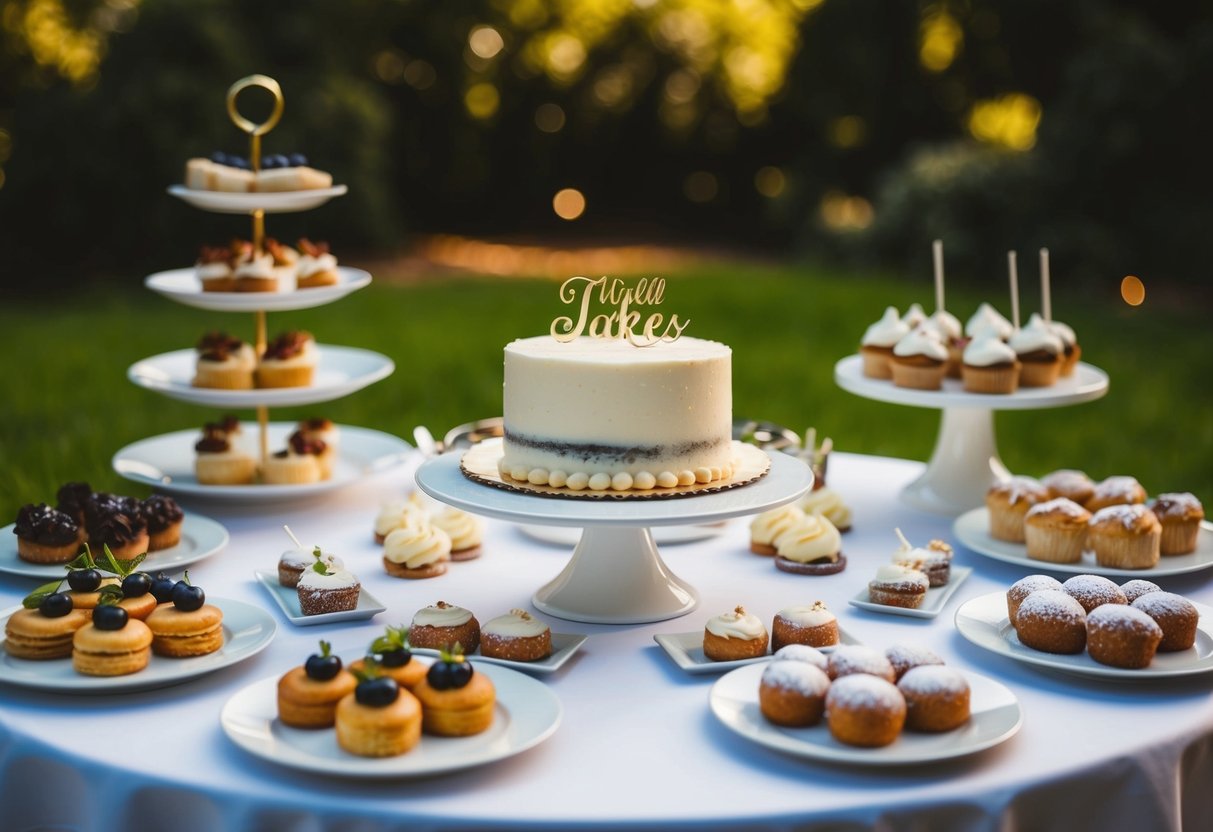 A dessert table with a small wedding cake surrounded by various pastries and treats, set up for 40 guests