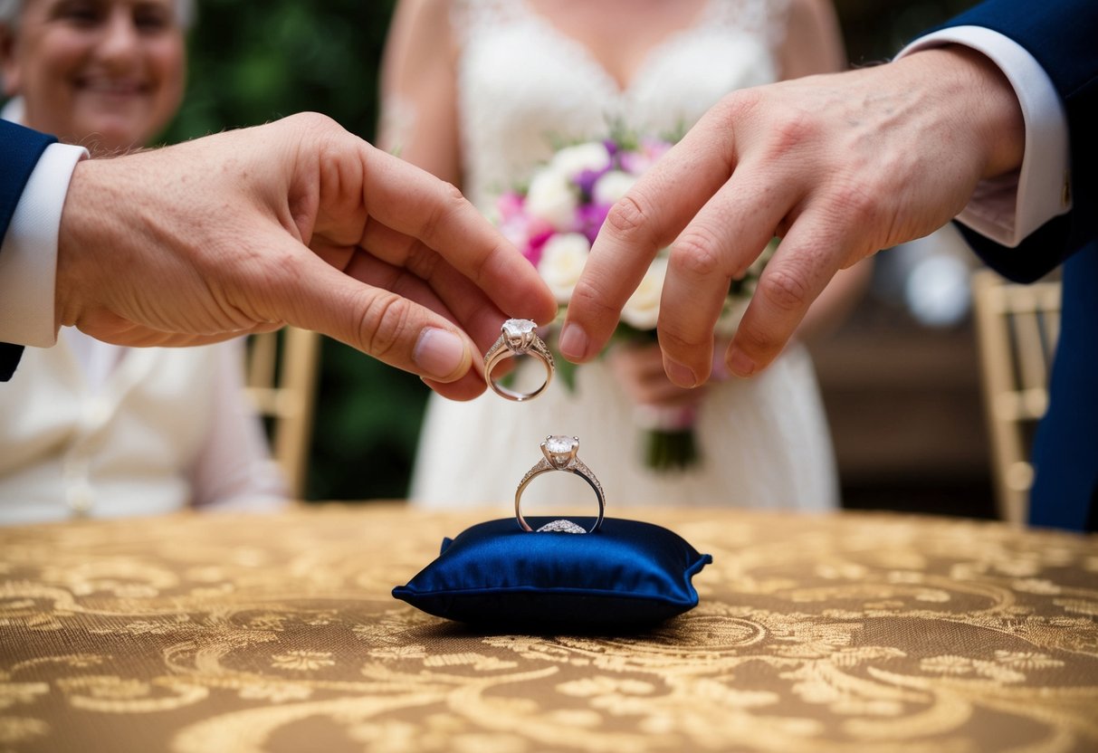 The best man gives the rings to a small, ornate ring pillow on a decorated table