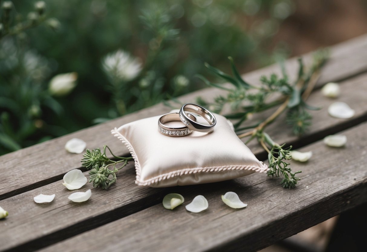 A small, ornate pillow holding two gleaming wedding rings rests on a rustic wooden bench, surrounded by delicate flower petals and greenery