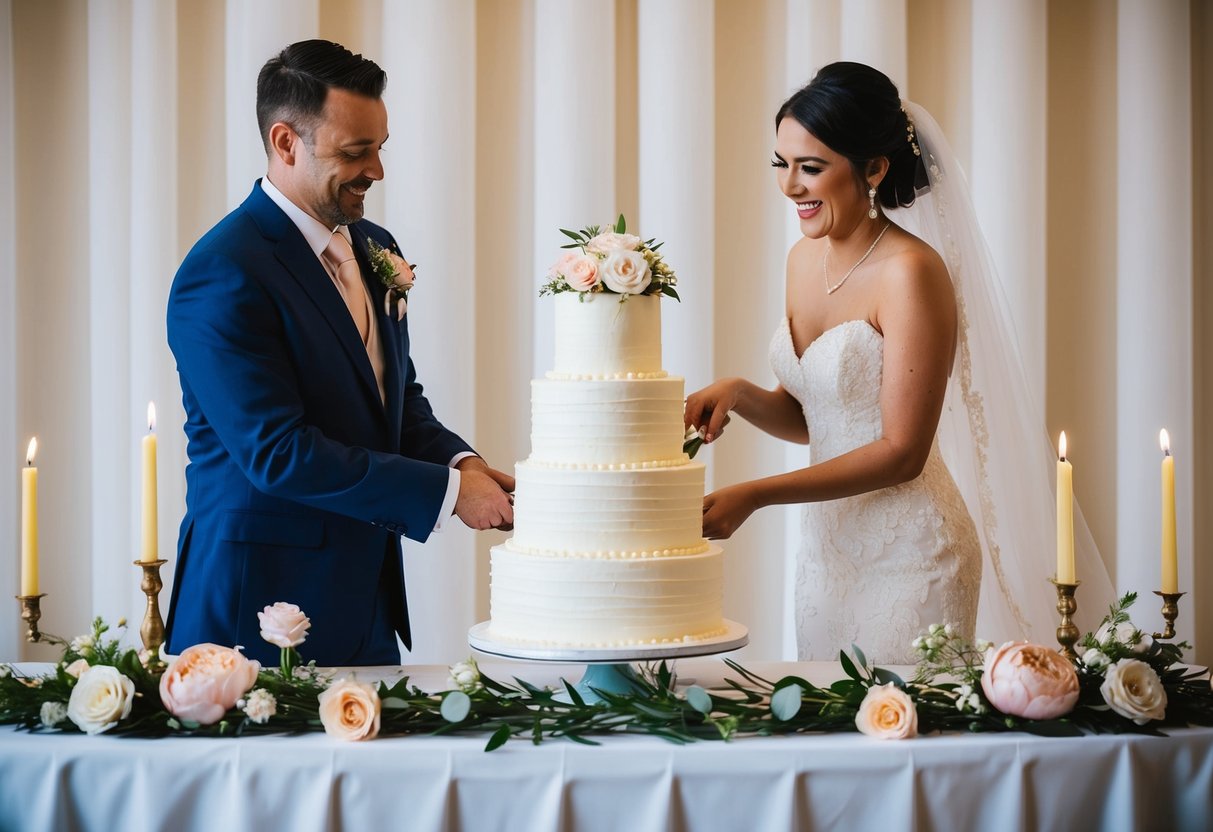 A bride and groom cutting a three-tiered wedding cake on a decorated table with flowers and candles