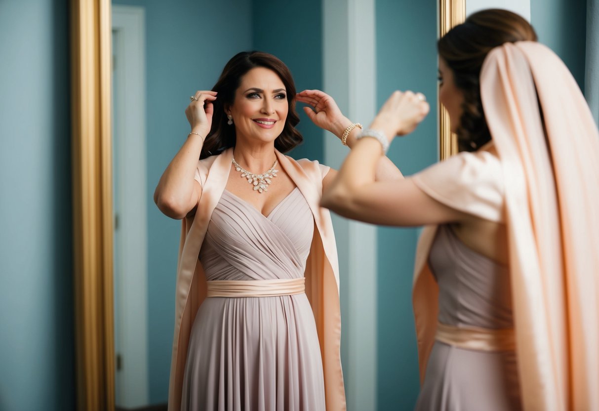 A mother wearing a elegant, floor-length dress, with a matching shawl and delicate jewelry, standing in front of a mirror, adjusting her hair and smiling with pride