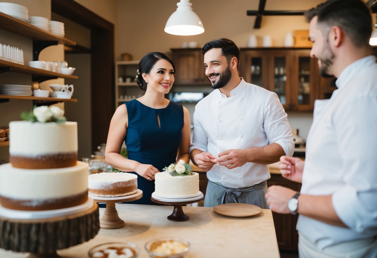 A couple discussing wedding cake options with a baker in a cozy bakery setting