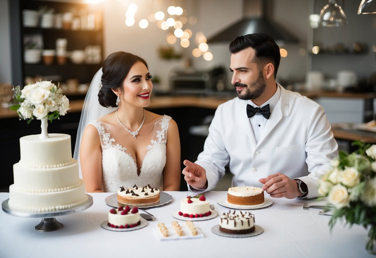 A bride and groom sit with a baker, discussing wedding cake options and pricing. The baker presents various cake designs and samples for the couple to consider