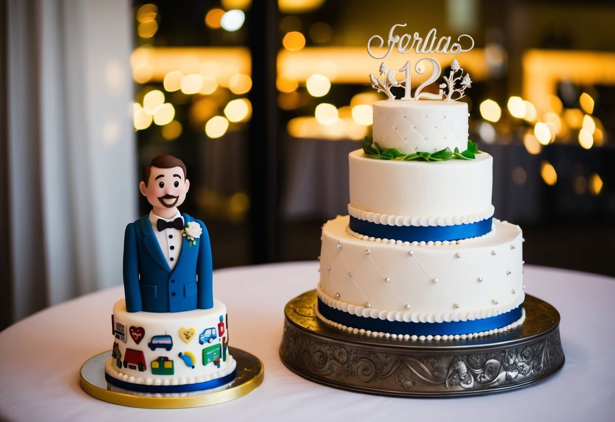 A wedding cake with traditional decorations and a smaller, separate cake that represents the groom's interests or hobbies