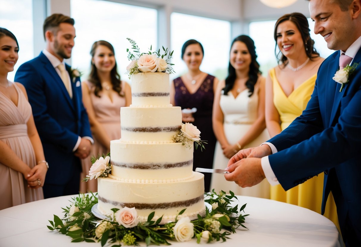 A tiered wedding cake sits atop a table, adorned with delicate flowers and surrounded by eager guests. A pair of hands reaches for the cake, ready to feed the first slice