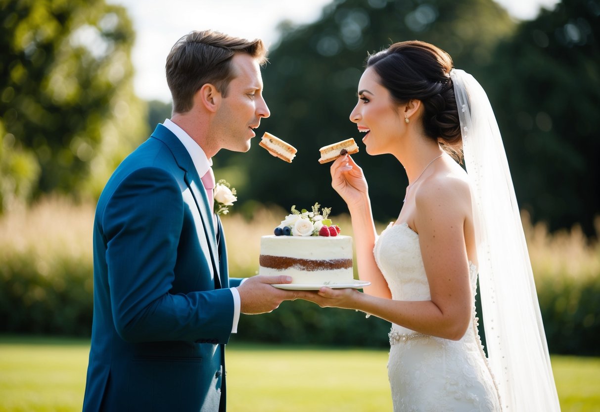 A bride and groom stand facing each other, holding cake slices. They prepare to feed each other the first bite of their wedding cake