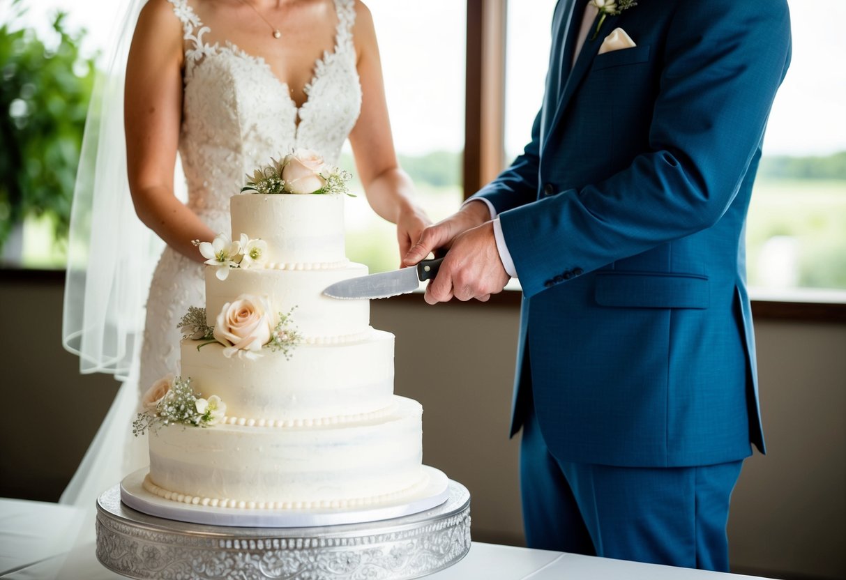 A bride and groom stand side by side, holding a knife together as they prepare to cut into a tiered wedding cake. The cake is adorned with delicate flowers and sits atop a decorative stand