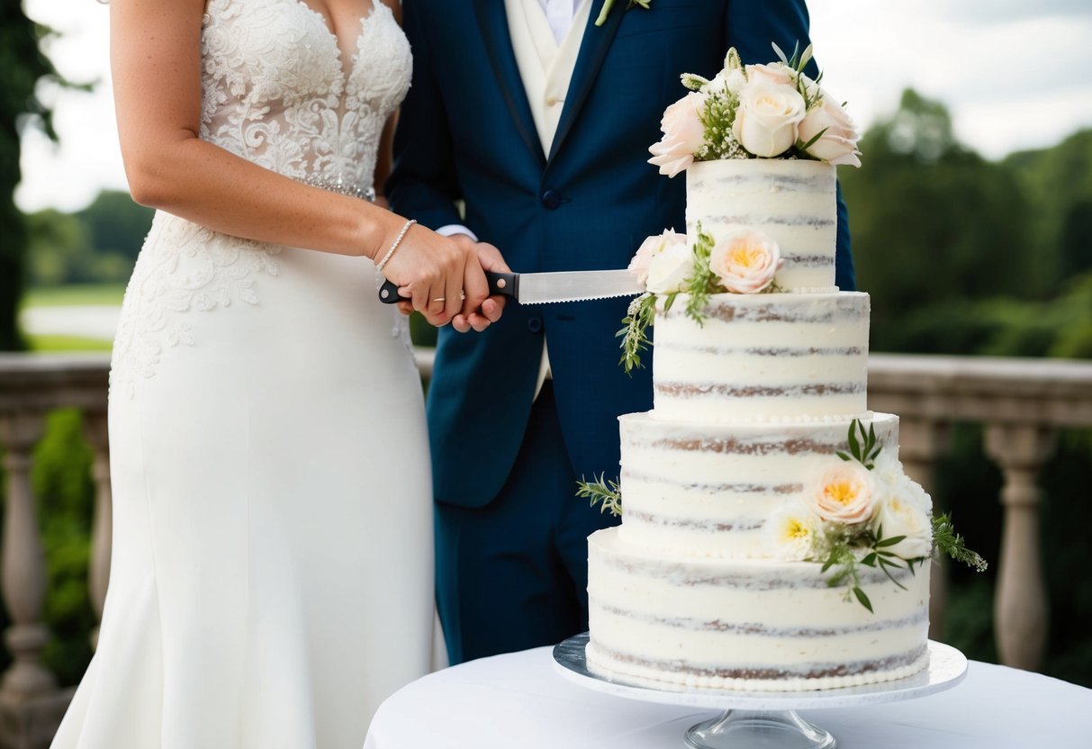 A bride and groom stand together, holding a knife to cut a tiered wedding cake adorned with flowers and delicate icing