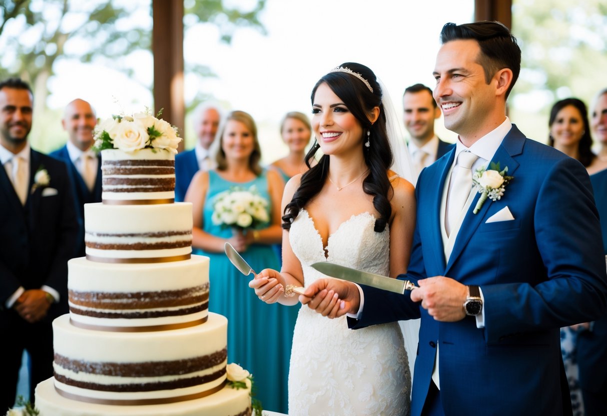 A bride and groom stand before a tiered wedding cake, holding a knife together, smiling, and surrounded by guests