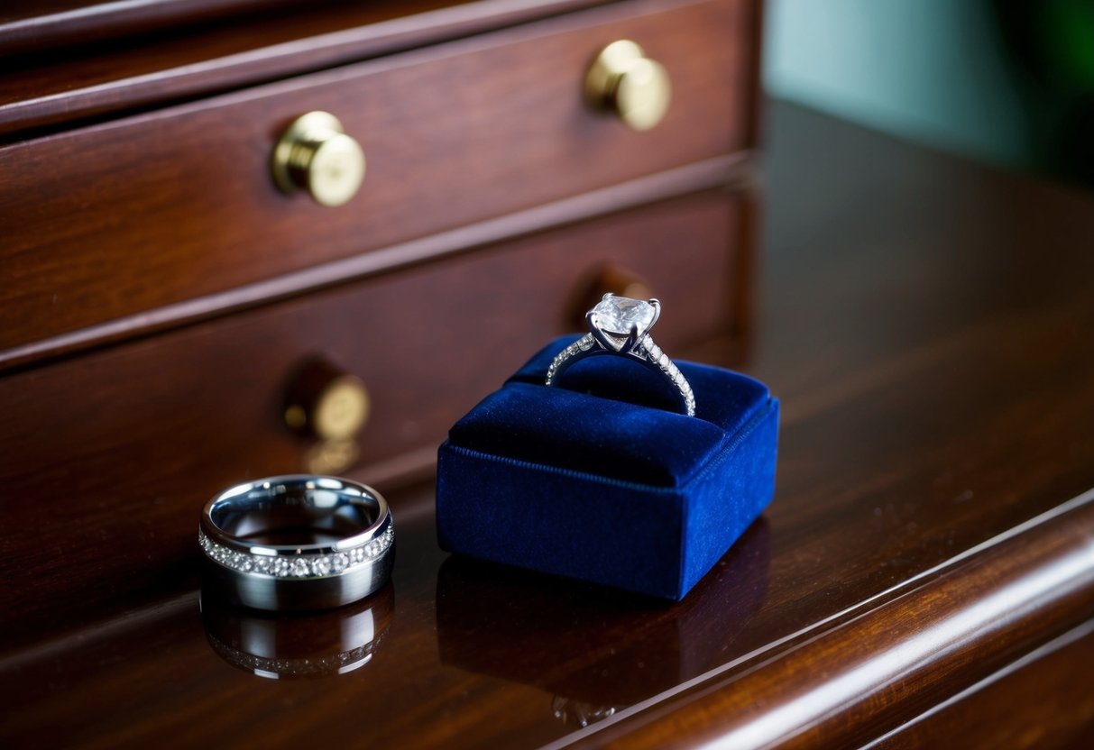 The engagement ring sits on a velvet box, next to the wedding bands, on a polished wooden dresser