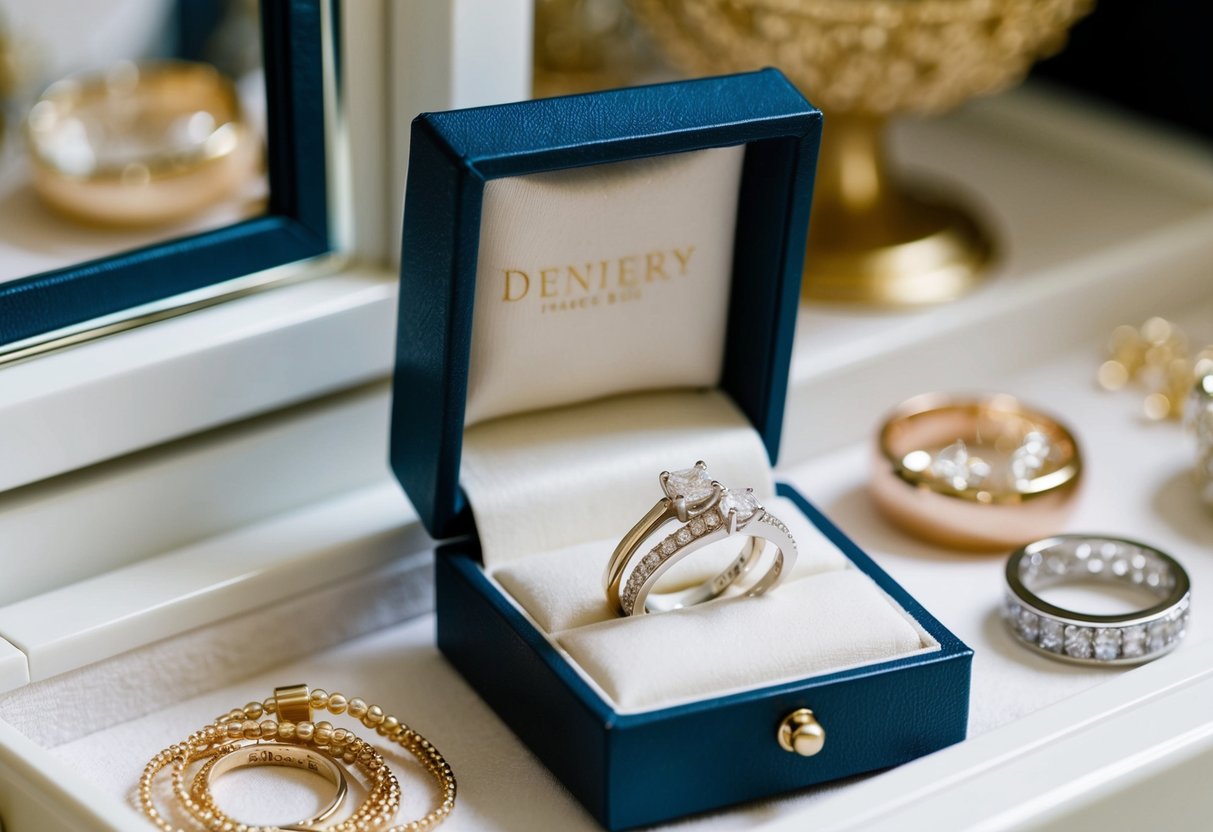 A jewelry box open on a vanity, displaying a wedding band and engagement ring nestled together, surrounded by other pieces of jewelry
