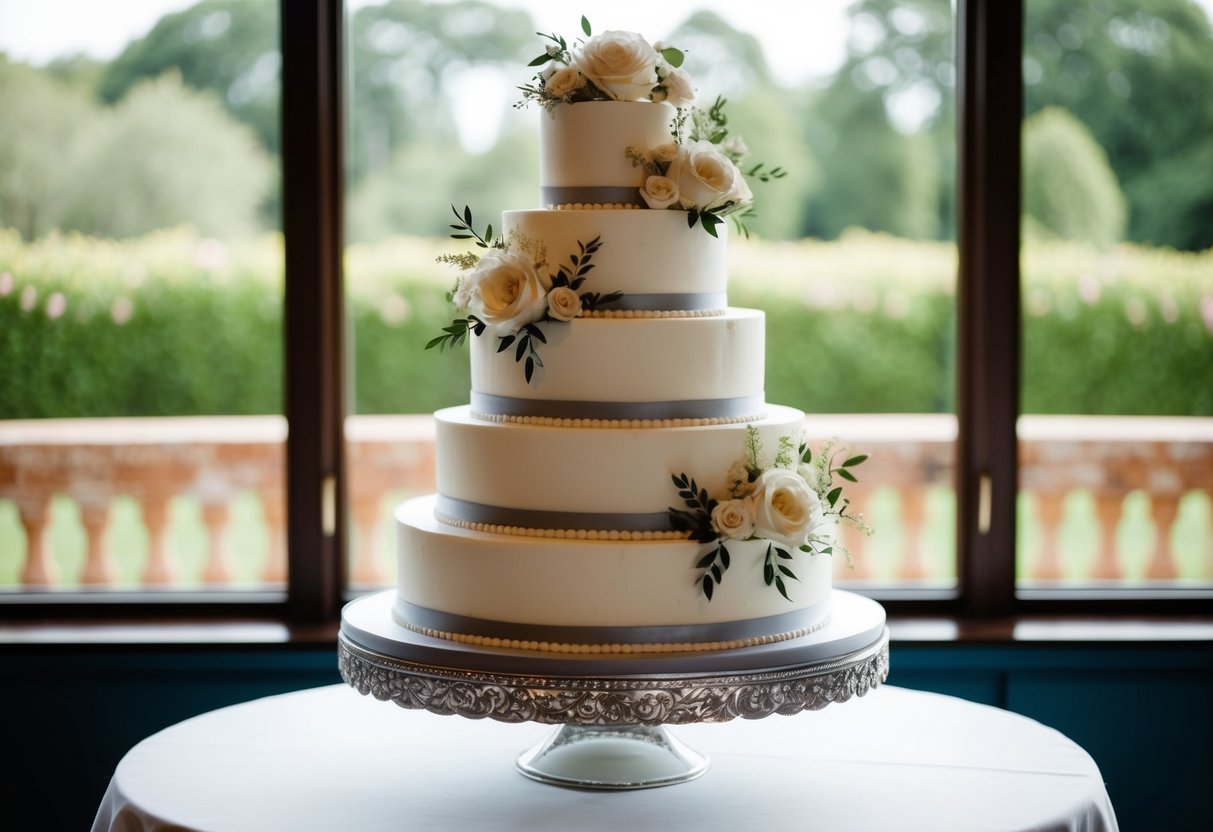 A tiered wedding cake with elegant floral decorations, sized for 40 guests, displayed on a decorative stand