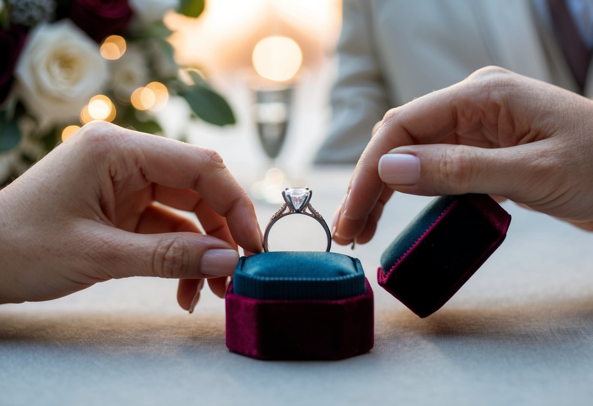 The newlyweds carefully place the engagement ring in a velvet box, symbolically preserving its sentimental value after the wedding day