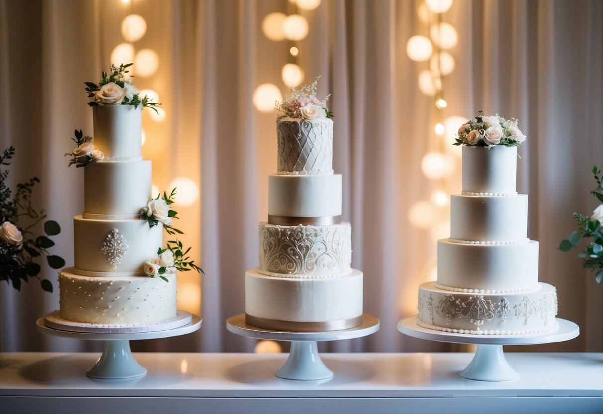 A bakery display of elegant wedding cake designs with varying tiers and intricate decorations, set against a backdrop of soft, romantic lighting