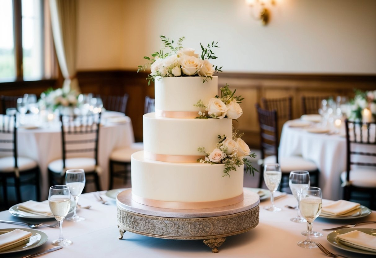 A three-tiered wedding cake adorned with delicate flowers, sitting on a decorative stand, surrounded by elegant table settings for 40 guests