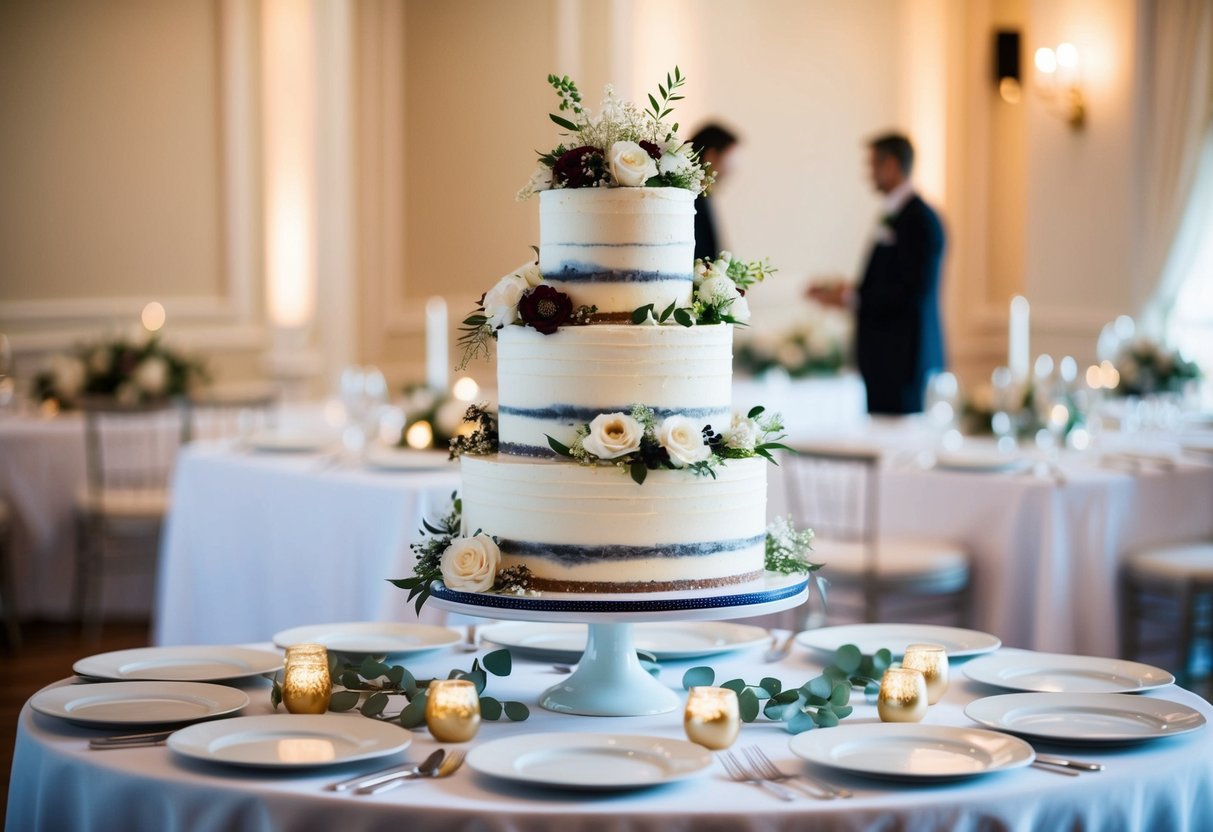 A tiered wedding cake with 3 layers, adorned with floral decorations, surrounded by elegant cake stands and dessert plates for 120 guests