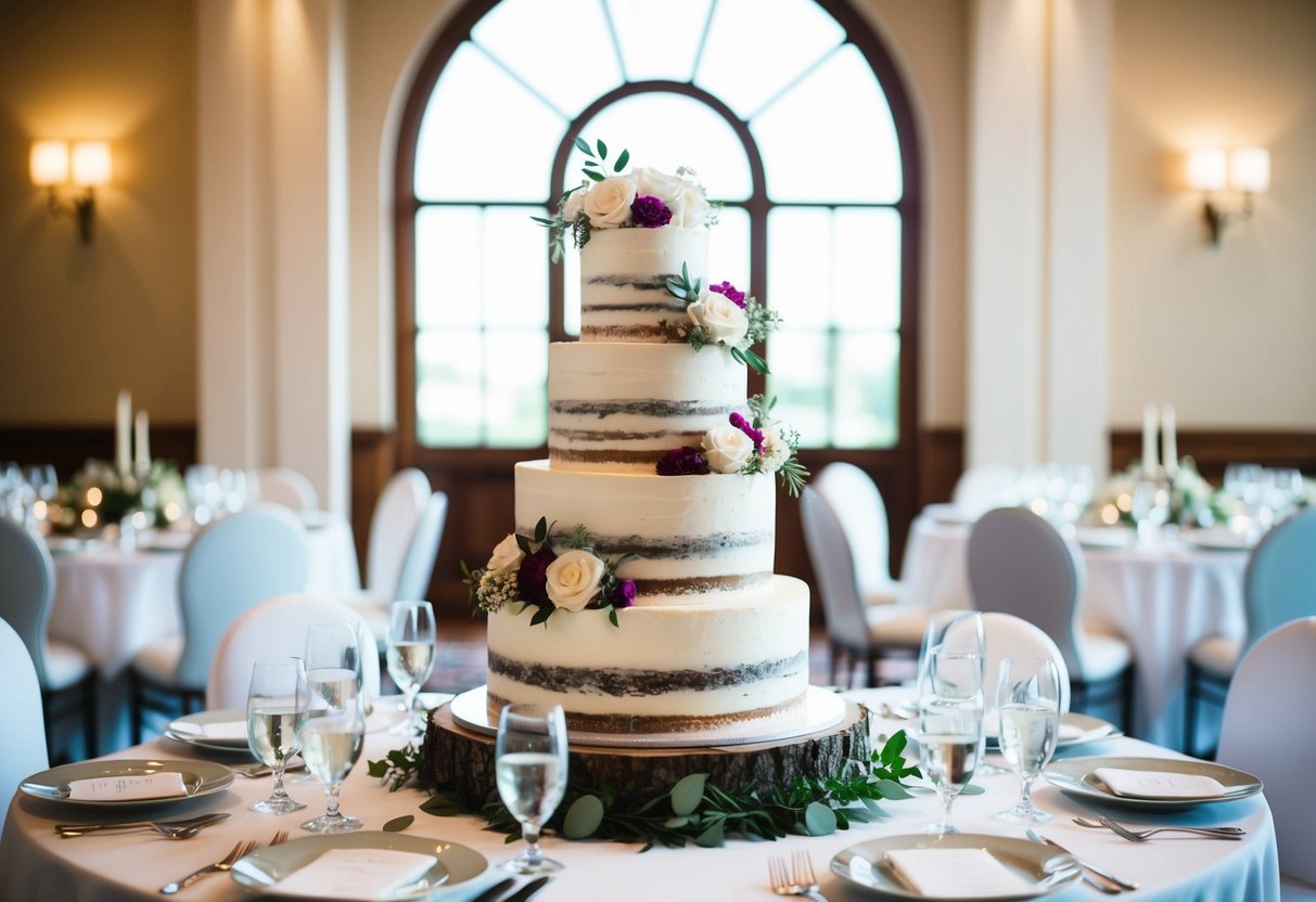 A tiered wedding cake with 3 layers, adorned with floral decorations, sits on a table surrounded by elegant place settings for 120 guests