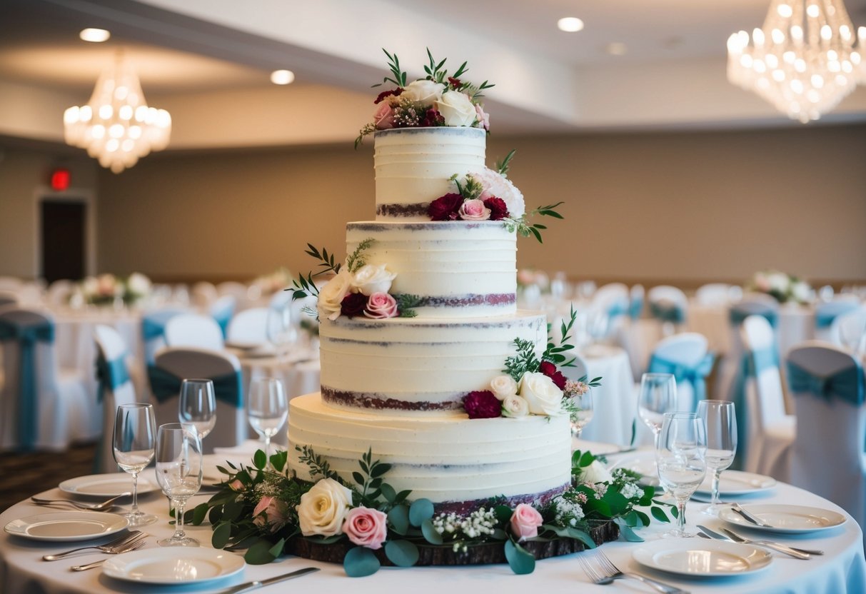 A tiered wedding cake with floral decorations, surrounded by 120 place settings