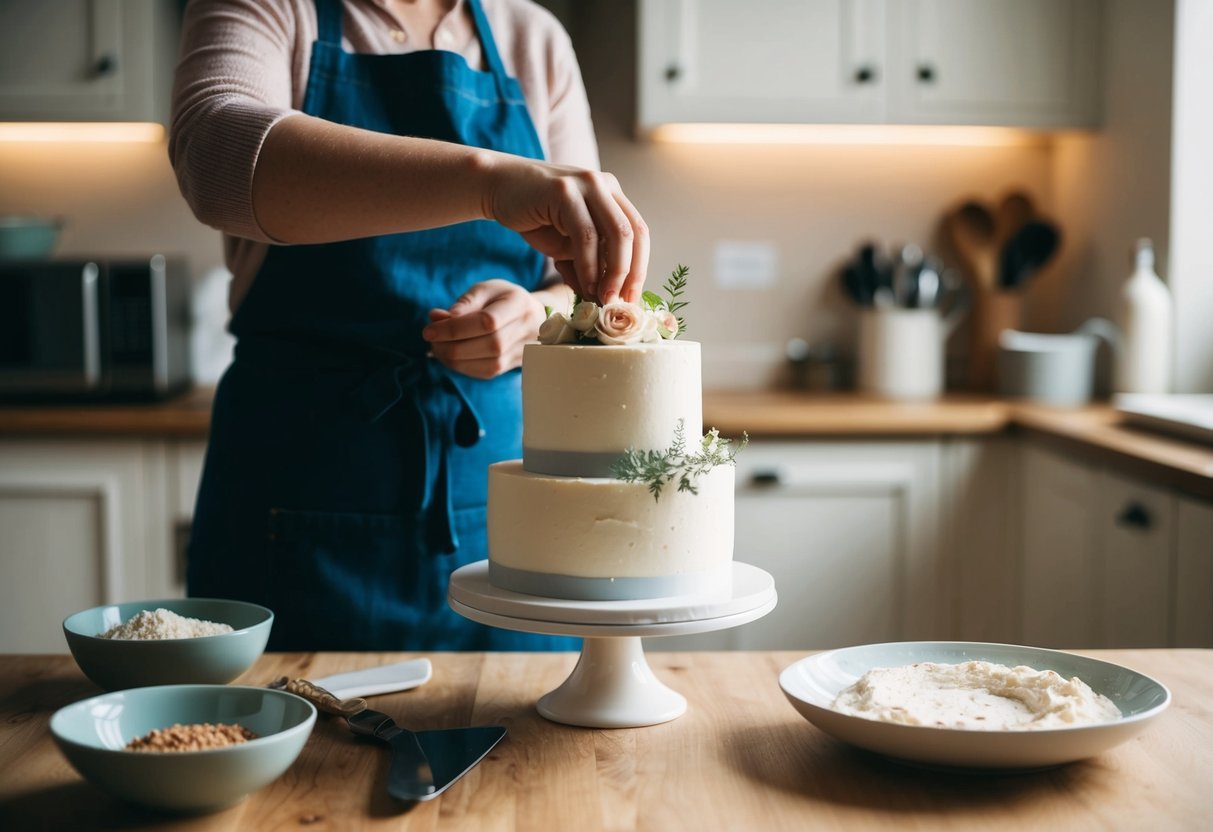 A small, elegant wedding cake being assembled with budget-friendly ingredients in a cozy kitchen setting