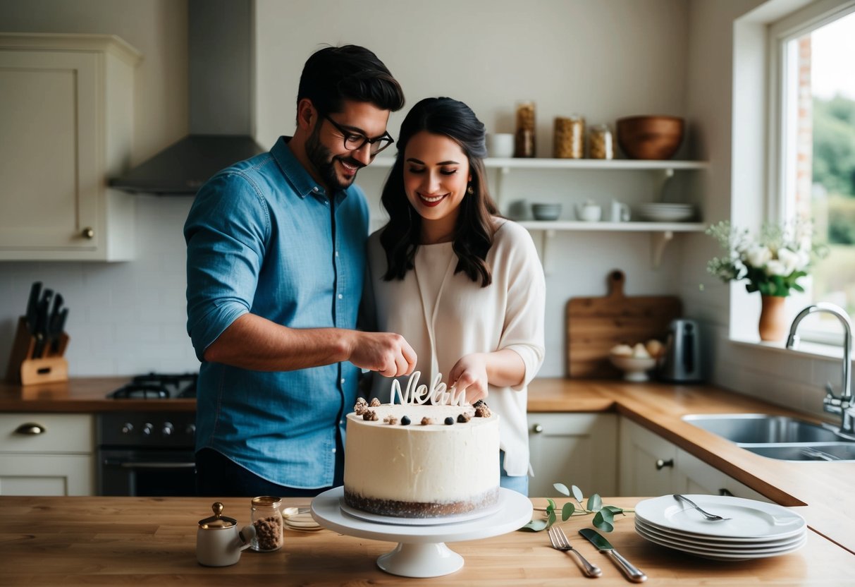 A couple decorates a simple wedding cake with personalized touches in a cozy kitchen setting