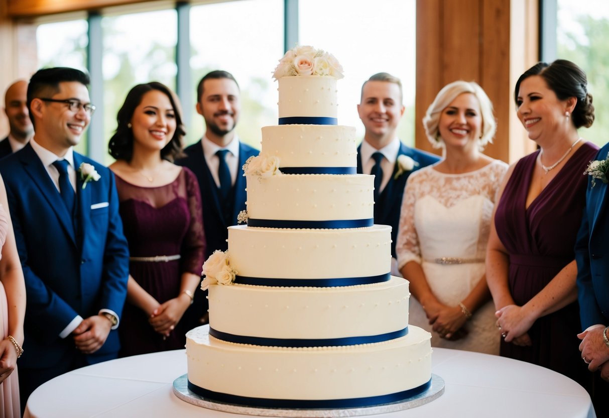 A tiered wedding cake surrounded by smiling guests