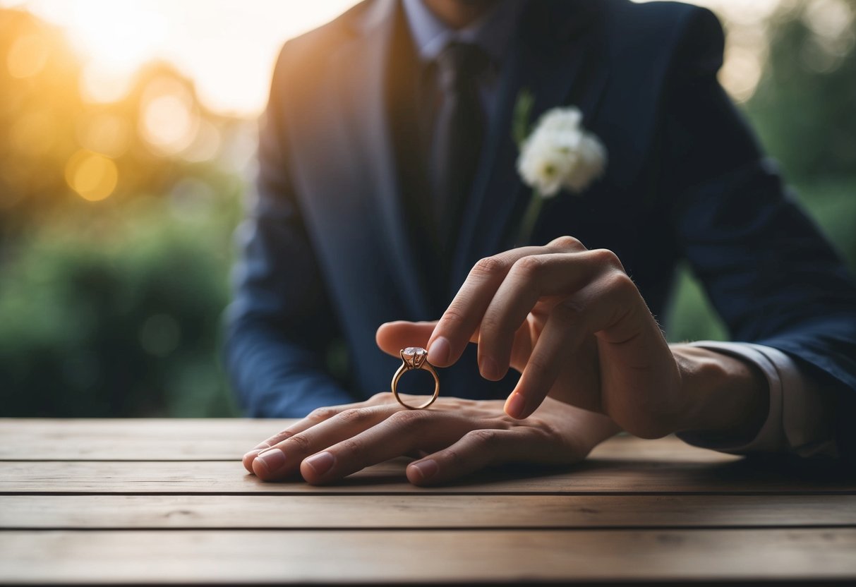A hand reaches for the engagement ring on a wooden table, while a shadow looms in the background