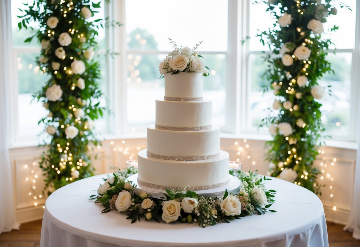 A three-tiered wedding cake on a white table, surrounded by elegant floral decorations and sparkling lights