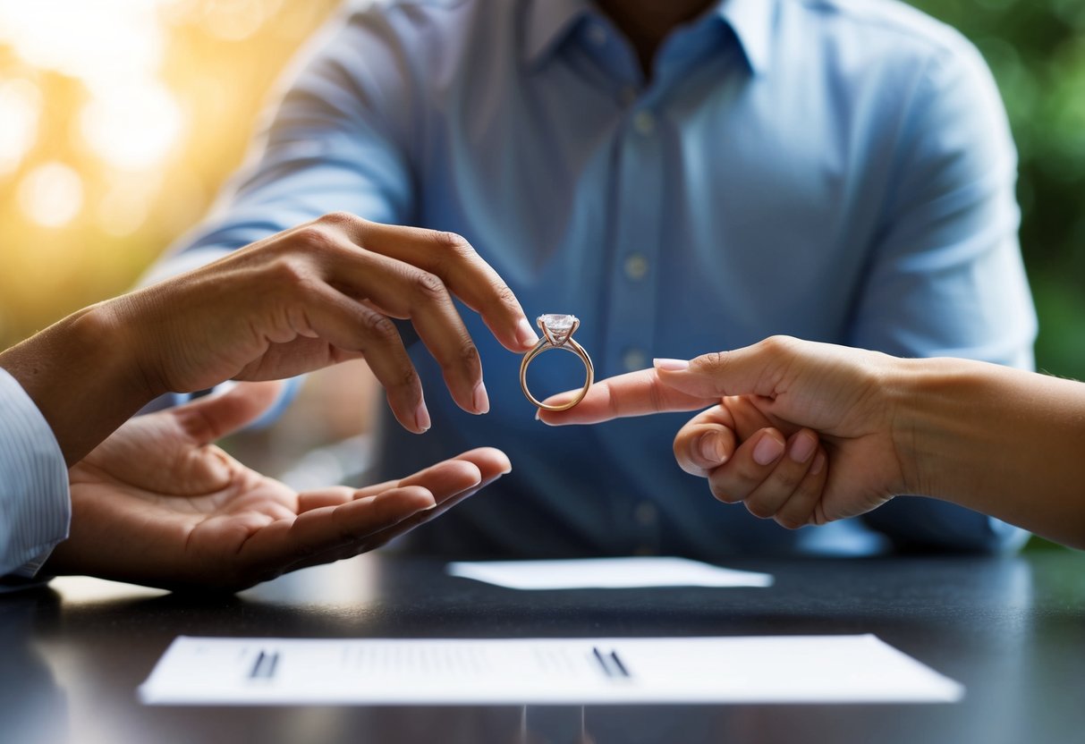 A hand places an engagement ring on a table, while another hand reaches out to take it. Both hands hesitate, conveying emotional tension