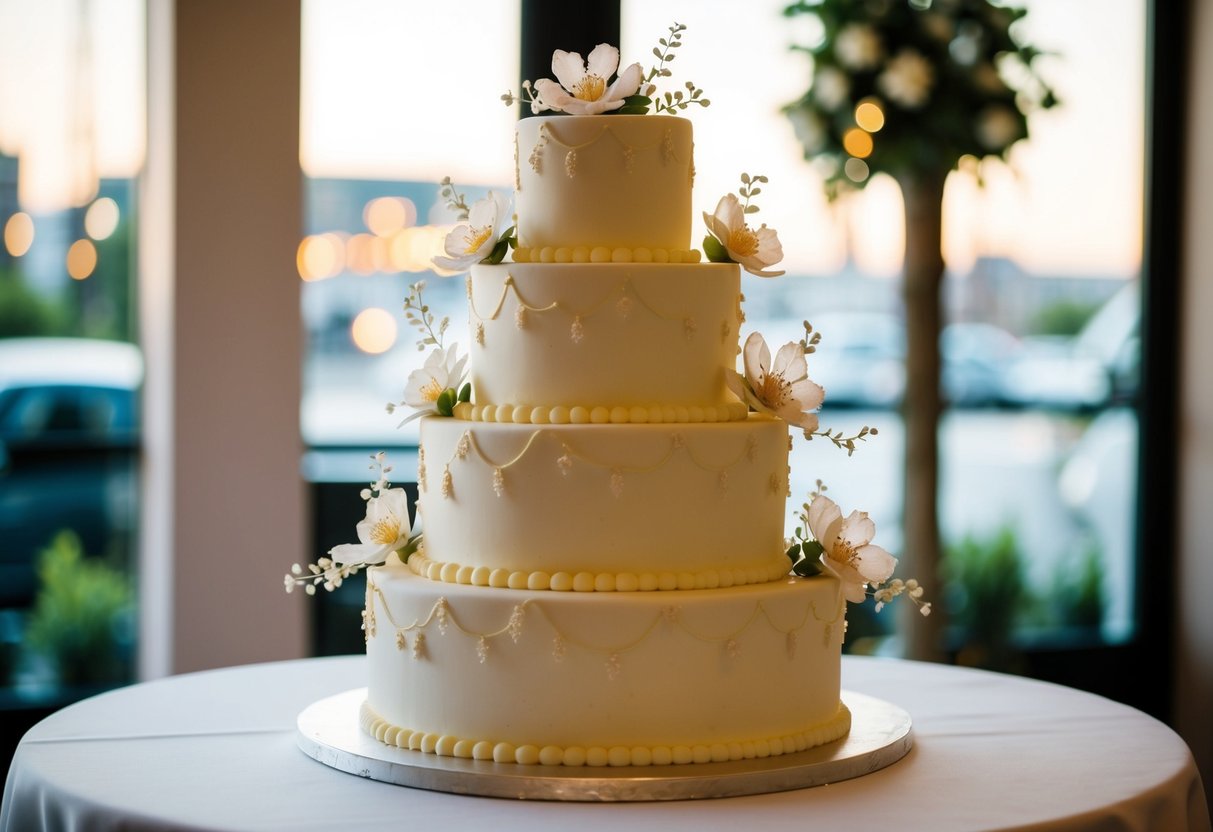 A tiered wedding cake sits on a table, adorned with intricate fondant decorations and delicate sugar flowers