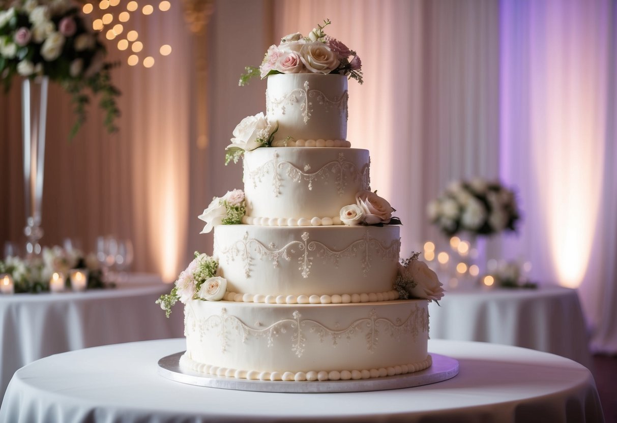 A tiered wedding cake sits adorned with flowers and intricate designs, set against a backdrop of soft lighting and elegant decor