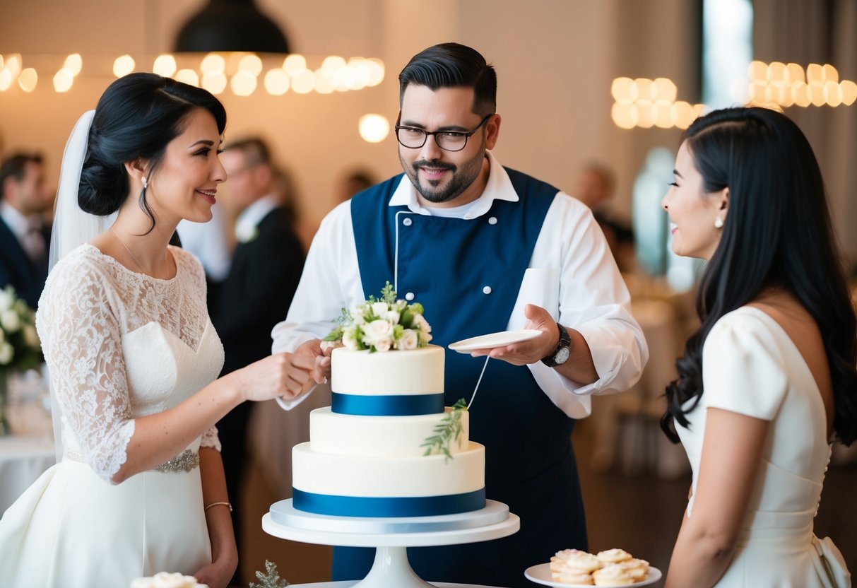 A professional baker discussing the serving size of a 2-tier wedding cake with a couple