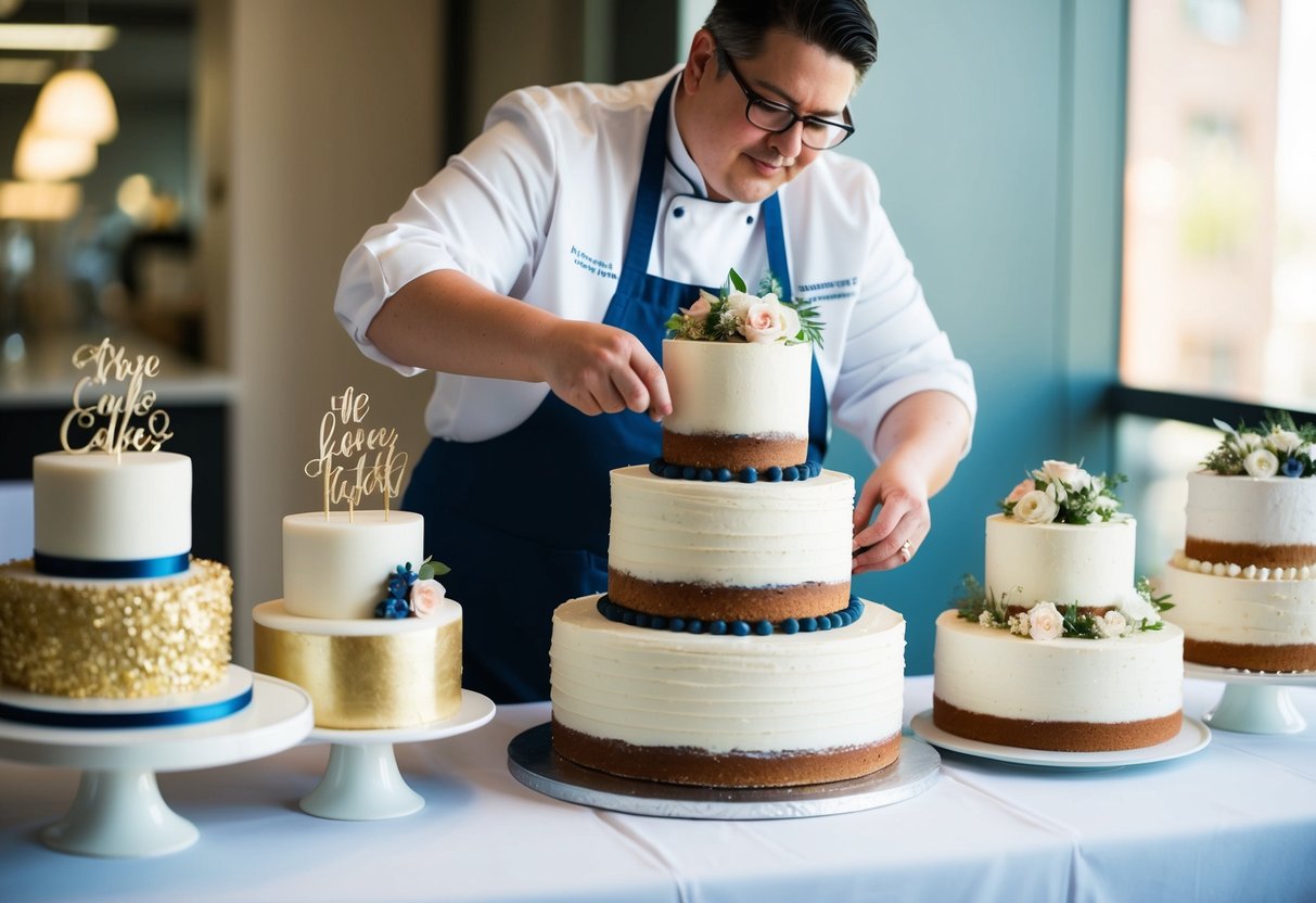 A baker arranging tiers of wedding cakes on a table with various decorations and frosting options displayed nearby