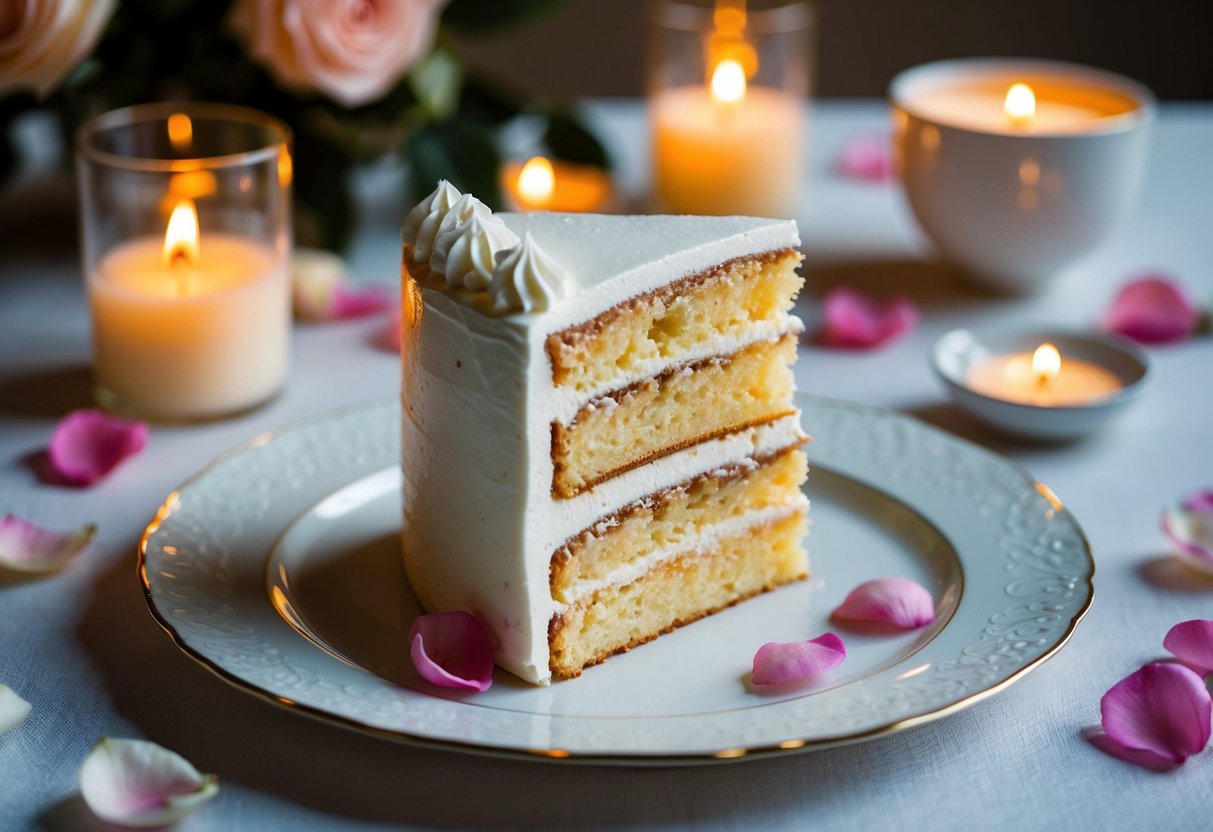 A slice of wedding cake sits on a delicate plate, surrounded by scattered rose petals and soft candlelight