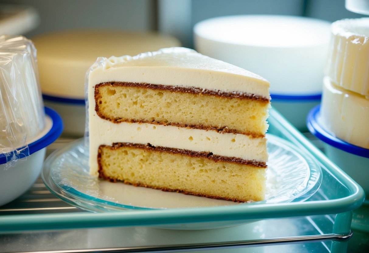A slice of wedding cake wrapped in plastic, placed in a freezer among other frozen items
