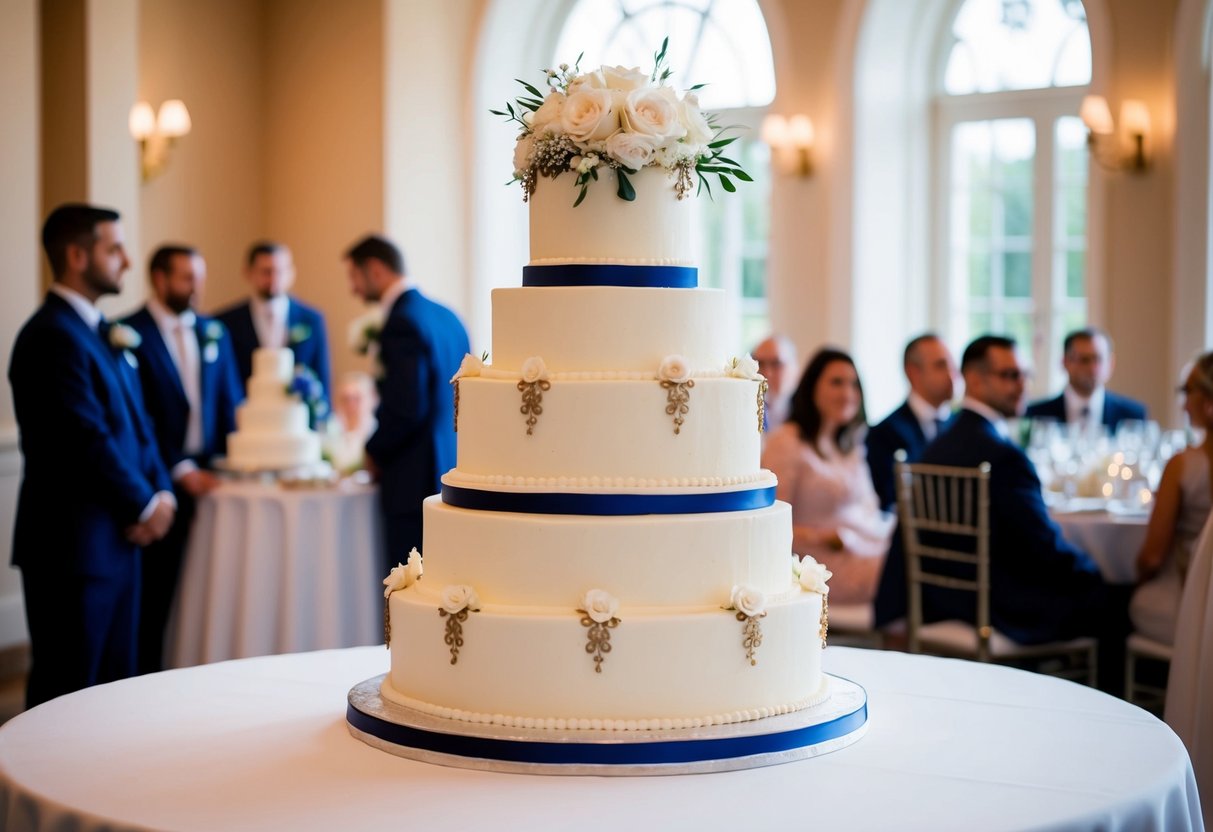 A three-tiered wedding cake with elegant decorations, serving 30 guests