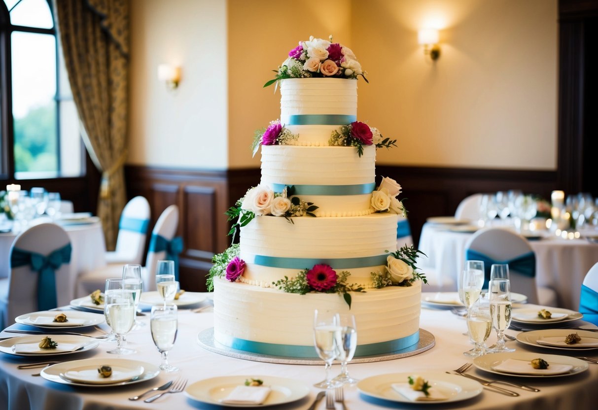 A tiered wedding cake with 3 layers, adorned with flowers and ribbons, placed on a decorated table with 30 place settings