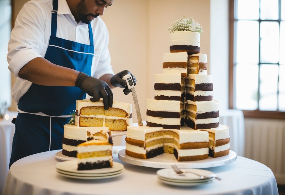 A baker measuring a multi-tiered wedding cake with 30 cake slices displayed on a table