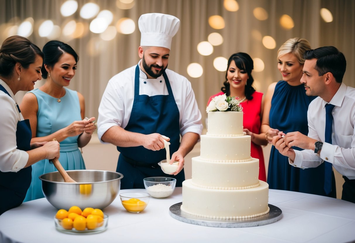 A baker measuring ingredients for a three-tiered wedding cake, with a small group of guests gathered around a table discussing design options
