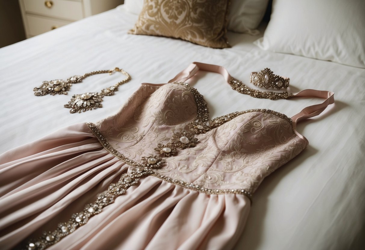 A elegant dress and matching accessories laid out on a bed