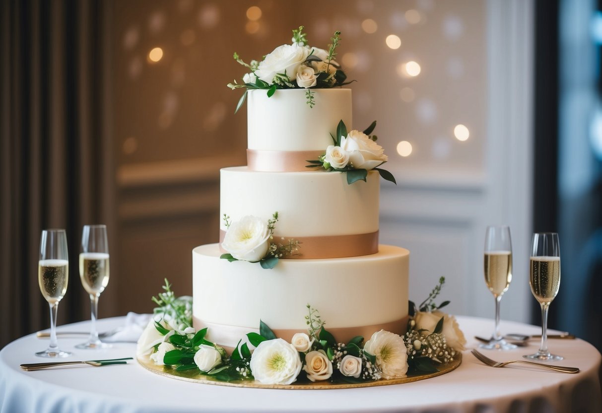 A wedding cake with three tiers, adorned with elegant floral decorations, sits on a table surrounded by champagne glasses and a romantic ambiance