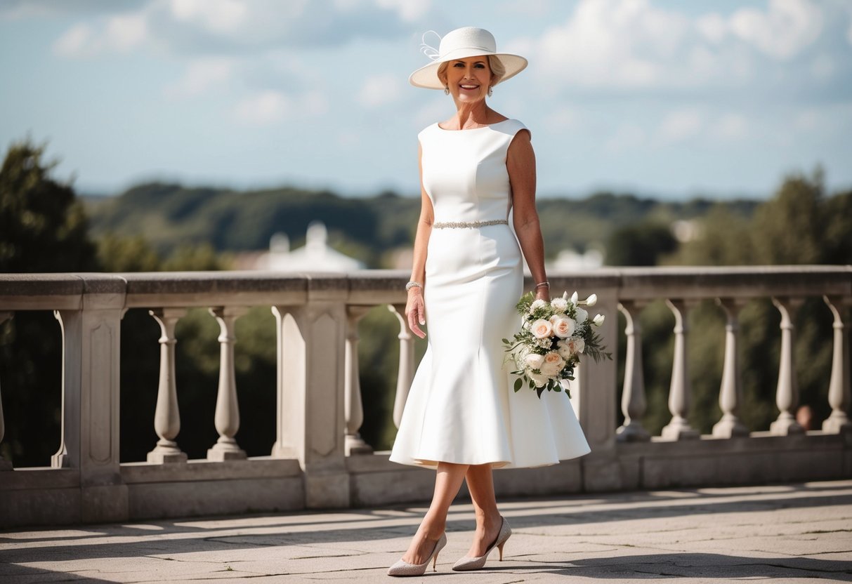A mother of the bride wearing a elegant dress, matching shoes, and a stylish hat, holding a bouquet of flowers