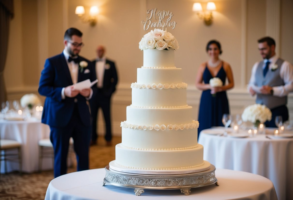 A wedding cake with multiple tiers, adorned with elegant decorations, and designed to serve a specific number of guests